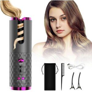 Cordless Auto Hair Curler – Ceramic Rotating Curling Iron, 6 Temps & Timers, Fas